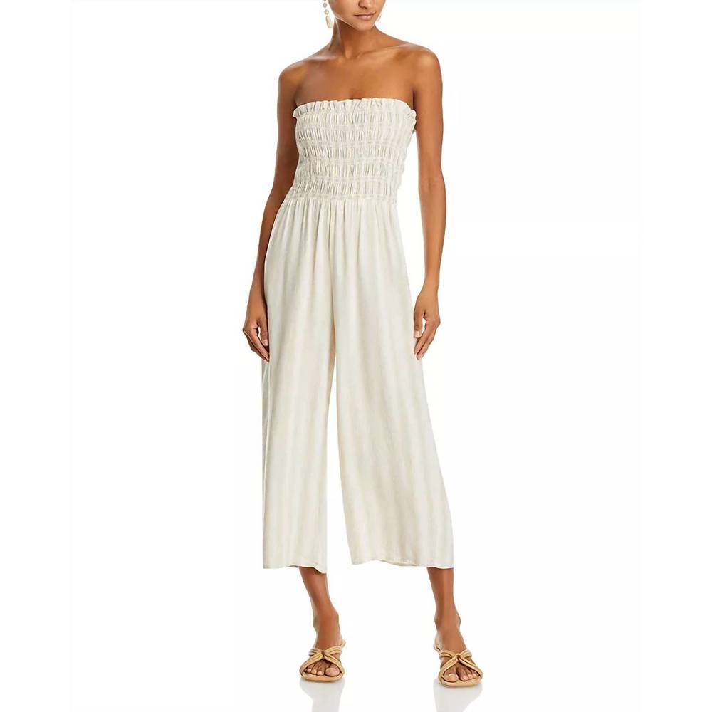 NEW BELLA DAHL smocked strapless jumpsuit in playa sand stripe